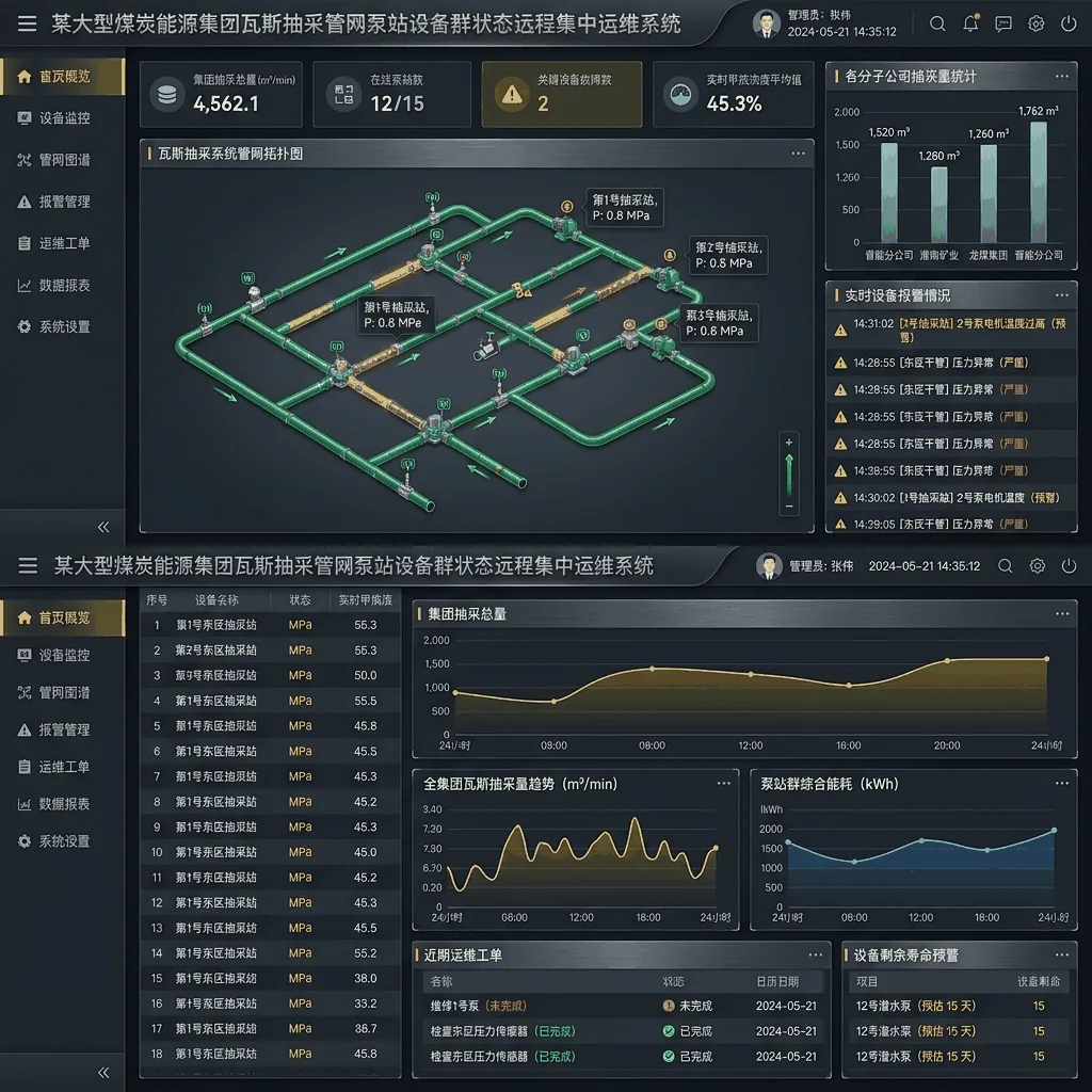 某大型煤炭能源集团瓦斯抽采管网泵站设备群状态远程集中运维系统系统界面
