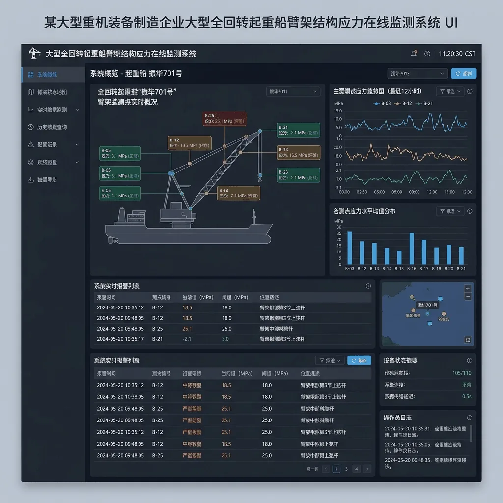 某大型重机装备制造企业大型全回转起重船臂架结构应力在线监测系统系统界面