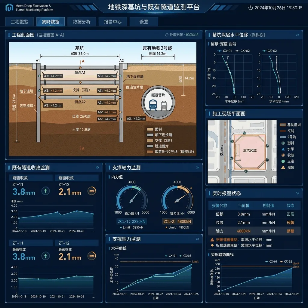 某城市轨道交通深基坑开挖紧邻既有隧道影响监测平台系统界面