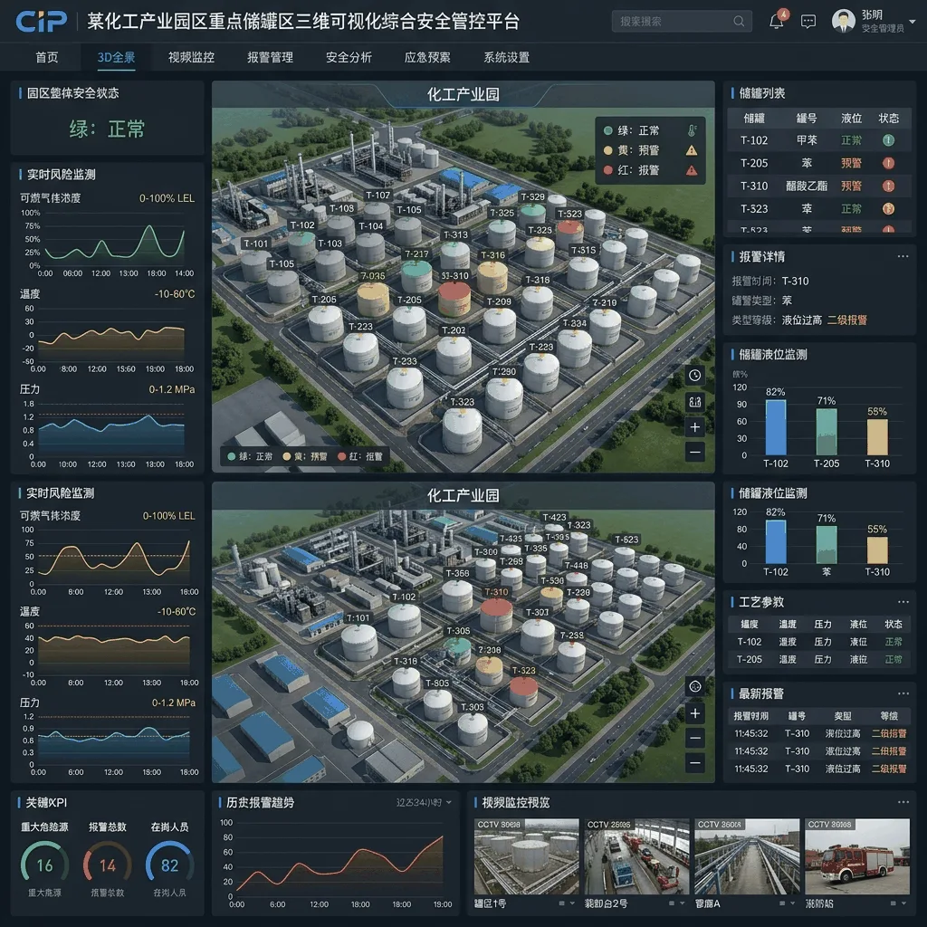 某化工产业园区重点储罐区三维可视化综合安全管控平台系统界面