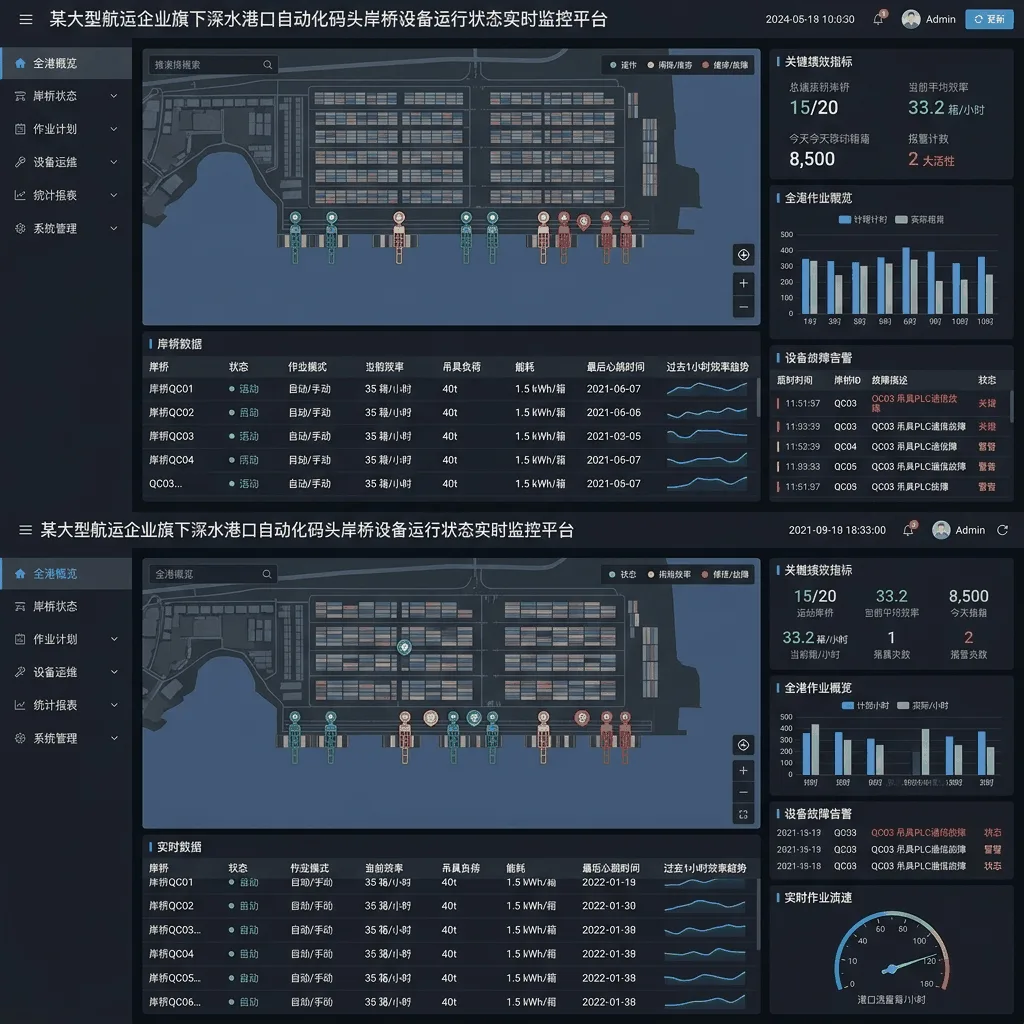 某大型航运企业旗下深水港口自动化码头岸桥设备运行状态实时监控平台系统界面