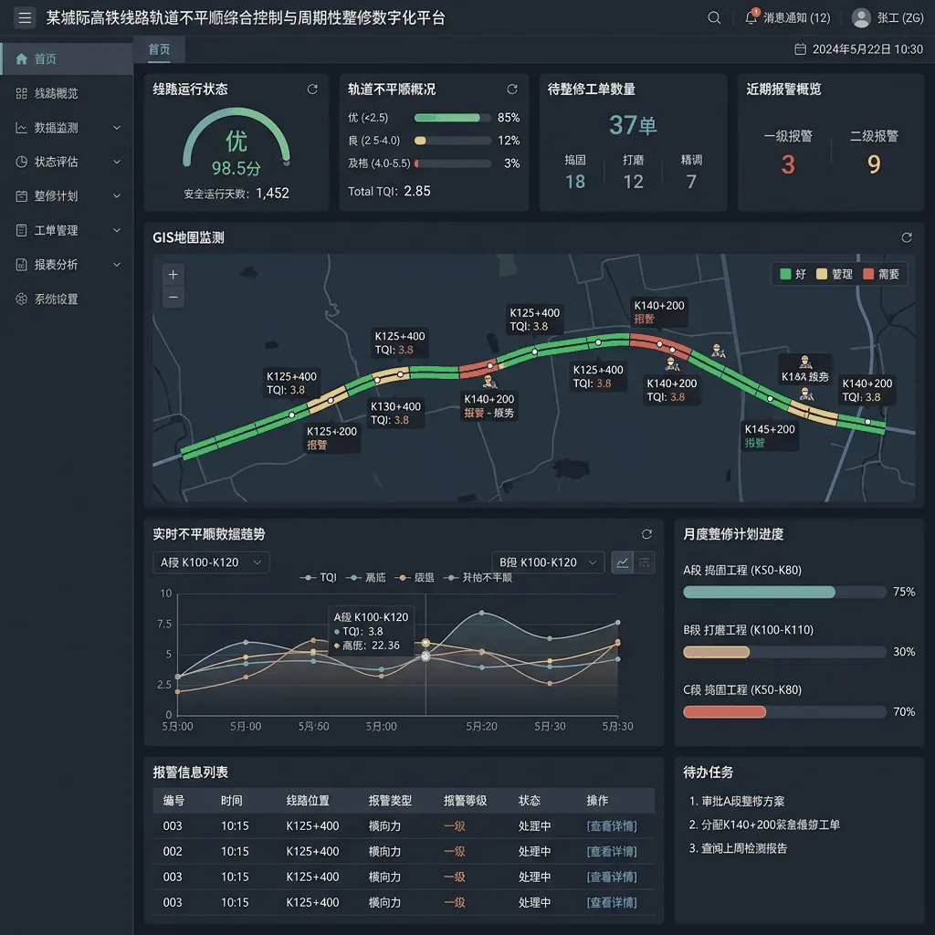 某城际高铁线路轨道不平顺综合控制与周期性整修数字化平台系统界面