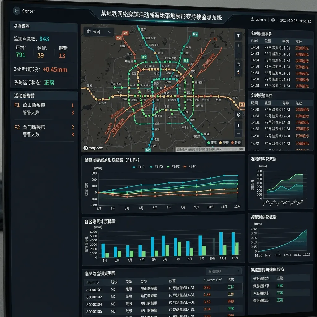 某地铁网络穿越活动断裂地带地表形变持续监测系统系统界面