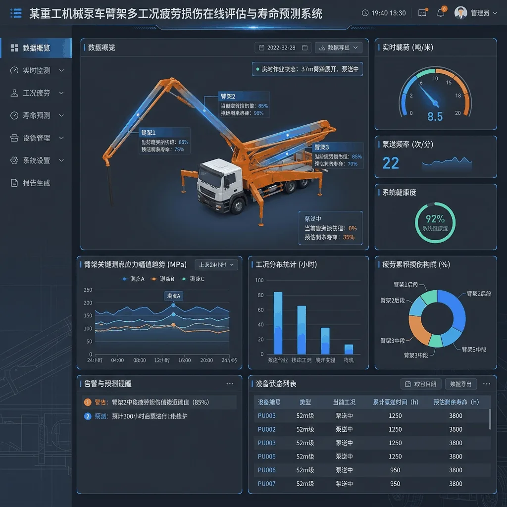 某重工机械泵车臂架多工况疲劳损伤在线评估与寿命预测系统