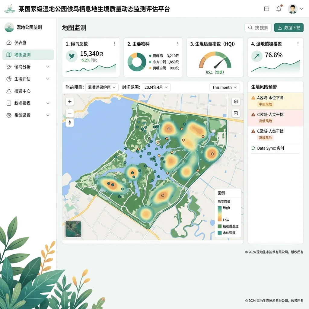 某国家级湿地公园候鸟栖息地生境质量动态监测评估平台系统界面