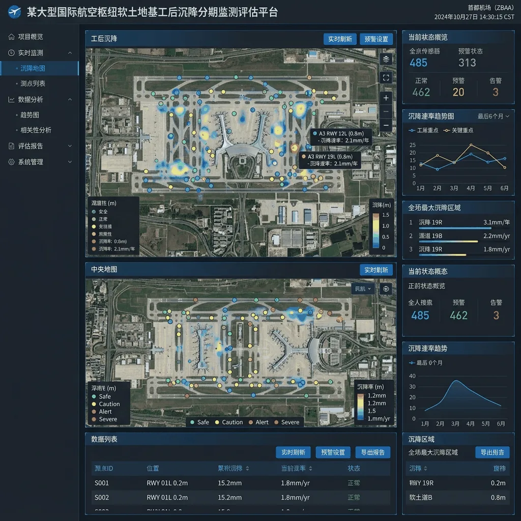 某大型国际航空枢纽软土地基工后沉降分期监测评估平台